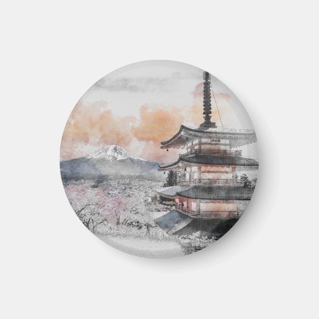 Akvarell Japansk Pagod & Mt. Fuji Resa Magnet (Framsidan)