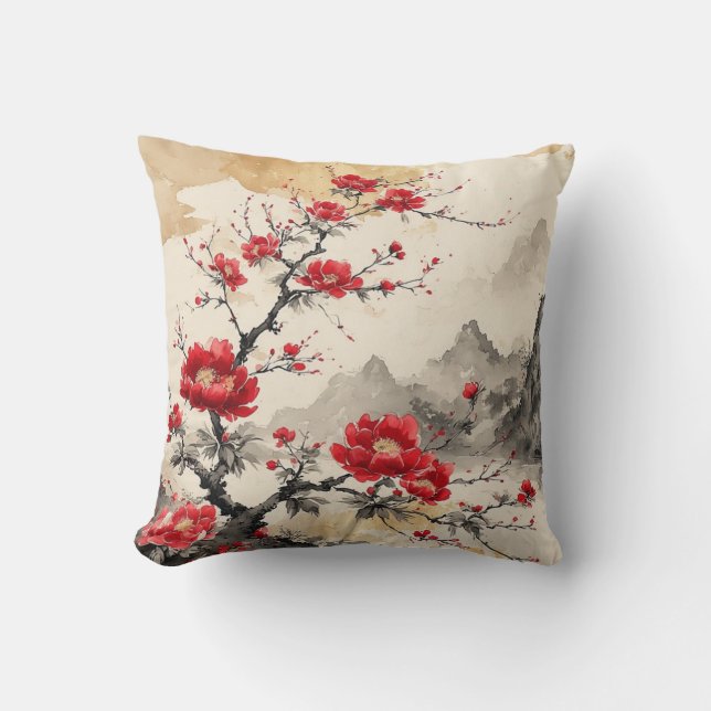 Akvarell Japanska Blommande rött Kudde (Framsida)