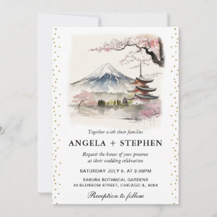 Akvarell Japanska Fuji och Pagod Landskapsbröllop Inbjudningar