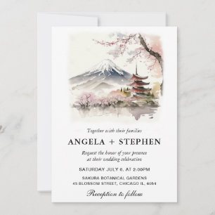 Akvarell Japanska Fuji och Pagod Landskapsbröllop Inbjudningar