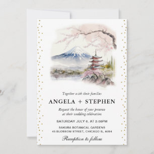 Akvarell Japanska Fuji och Pagod Landskapsbröllop Inbjudningar