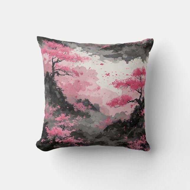 Akvarell Japanska Körsbärsblommor Rosa Kudde (Framsida)