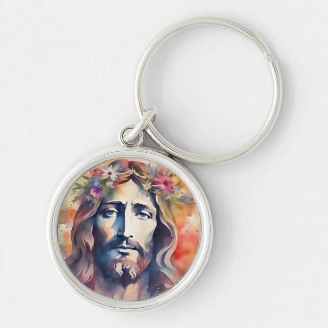 Akvarell Jesus Rund Silverfärgad Nyckelring (Framsidan)