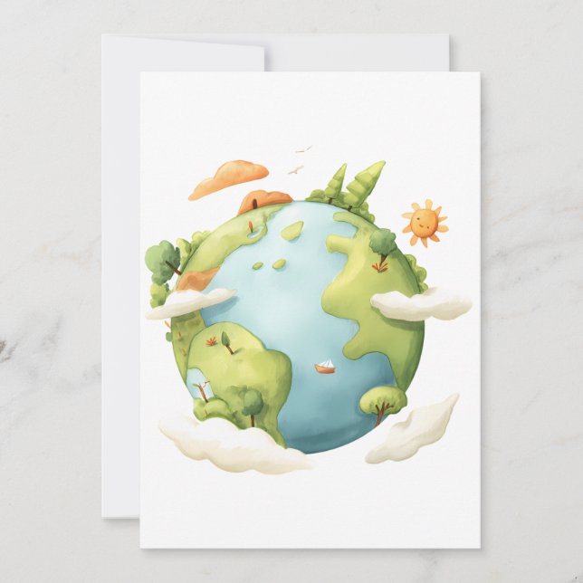 Akvarell Jord- Tecknad Jord med Naturliga Element Inbjudningar (Framsida)