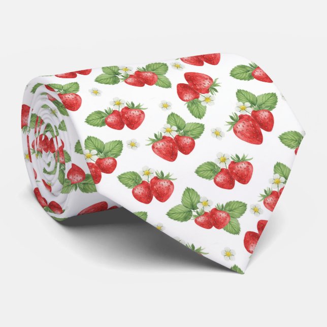 Akvarell Jordgubb Frukt och Blomma Slips (Rullad)