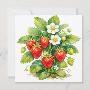 Akvarell Jordgubbar och Blommande Jordgubbsblommor Kort