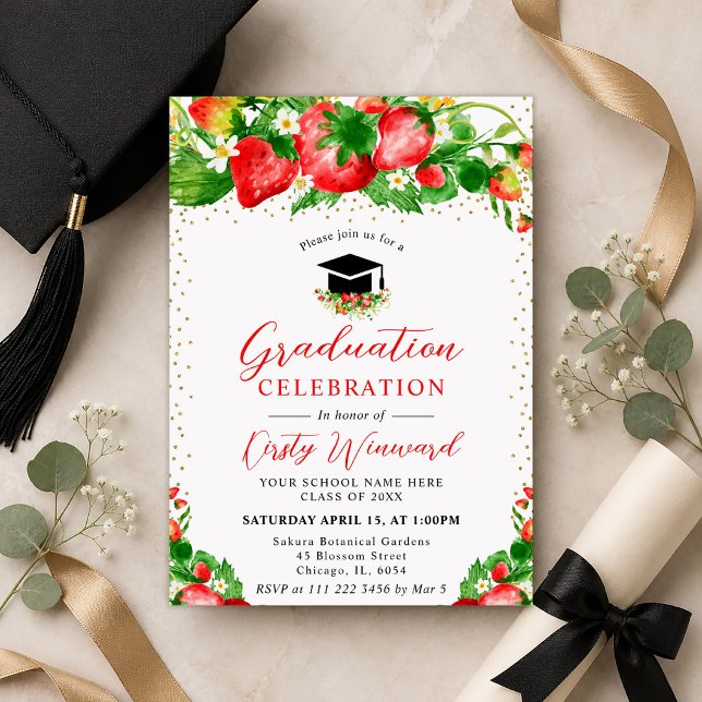 Akvarell Jordgubbar och Blommor Examen Inbjudningar (Skapare uppladdad)