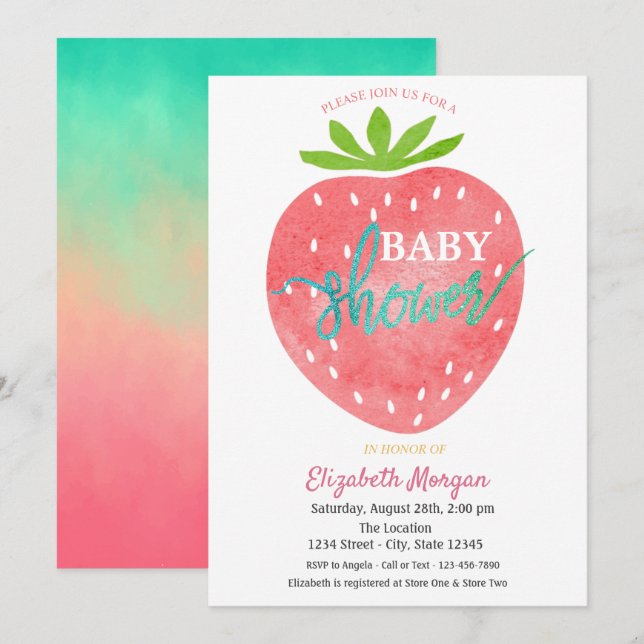 Akvarell Jordgubbs Baby Shower Inbjudningar (Fram/baksida)