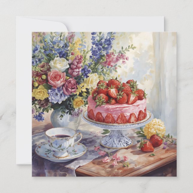 Akvarell Jordgubbstårta och blommor Stilleben  Kort (Framsida)