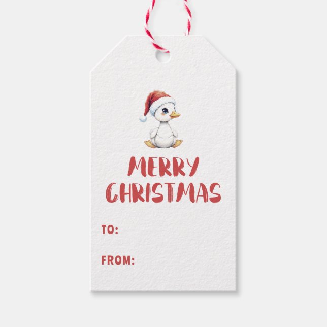 Akvarell Jul Anka Gås Med Santamössa Presentetikett (Framsidan)