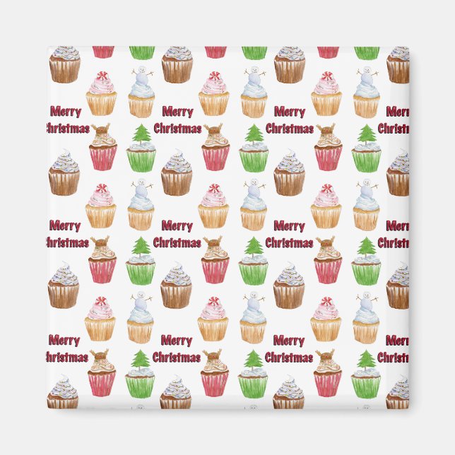 Akvarell Jul Cupcakes God Jul Magnet (Framsidan)