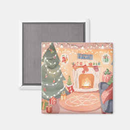 Akvarell jul eldstad magnet