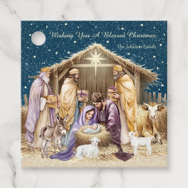Akvarell Jul Nativity Present Gåvor Etiketter (Framsida)