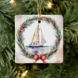 Akvarell jul segelbåt i krans julgransprydnad keramik