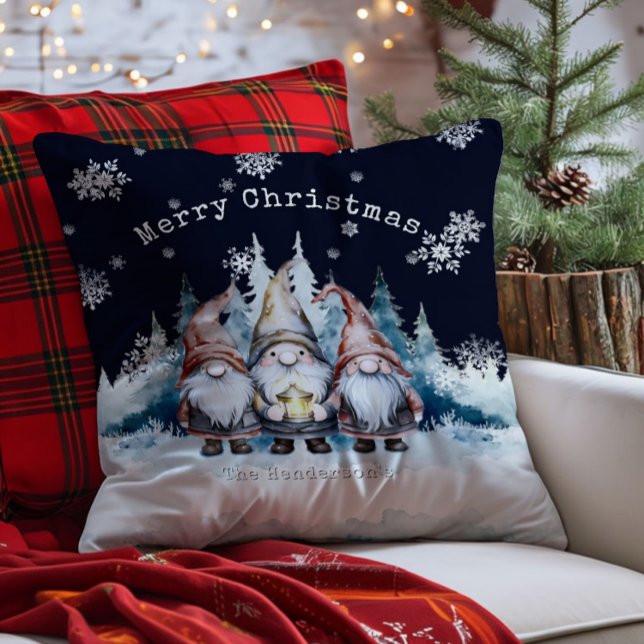 Akvarell Jul Tomtar Personlig Kudde (Watercolor Christmas Gnomes Personalized Throw Pillow)