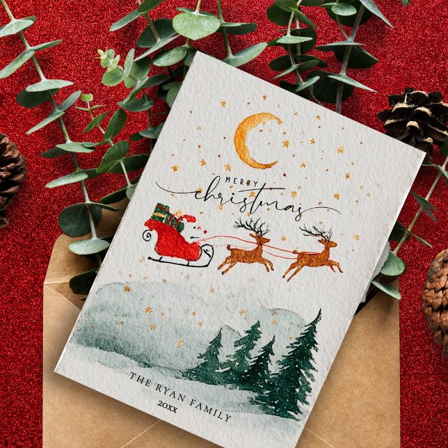 Akvarell Jul Tomte Sleigh Renar Jul Julkort (Skapare uppladdad)