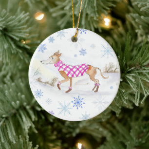Akvarell jul whippet i tröja julgransprydnad keramik