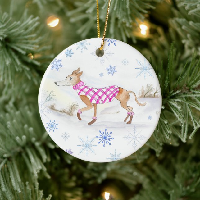 Akvarell jul whippet i tröja julgransprydnad keramik (Träd)