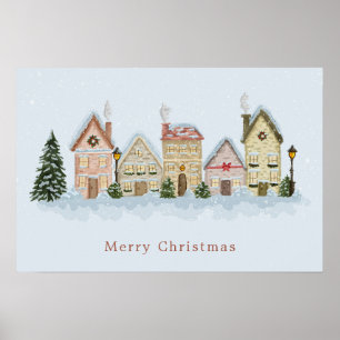 Akvarell Julby God Jul Blå Poster