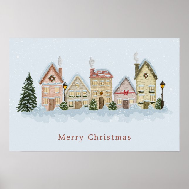Akvarell Julby God Jul Blå Poster (Framsidan)