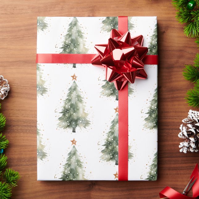 Akvarell Julgran Inpackningspapper Presentpapper (Classic Holiday Watercolor Christmas Tree Wrapping Paper by Painted Paperie
)