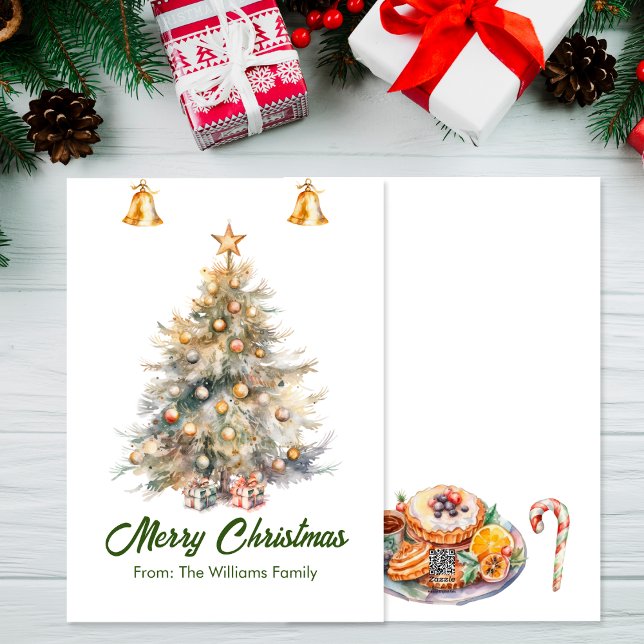 Akvarell julgran med bjällror, julkort (Skapare uppladdad)