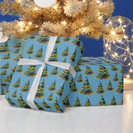 Akvarell Julgran Snöflinga Ritning Blå Presentpapper