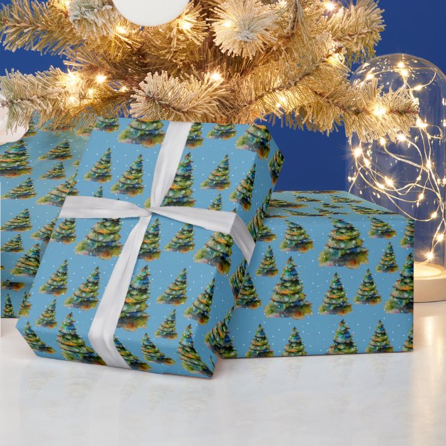 Akvarell Julgran Snöflinga Ritning Blå Presentpapper (Helgdagar)