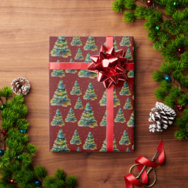 Akvarell Julgran Snöflinga Teckning Röd Presentpapper