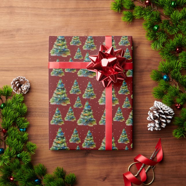 Akvarell Julgran Snöflinga Teckning Röd Presentpapper (Julgåva)