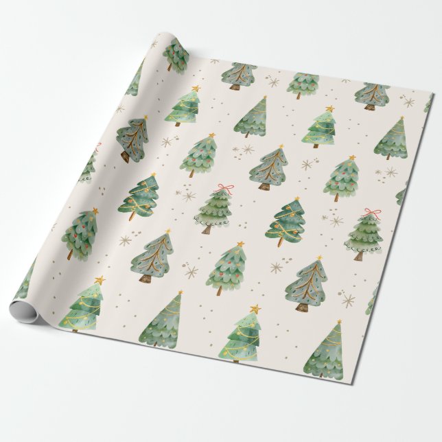 Akvarell Julgranar Snöflingor Högtid Presentpapper (Utrullad)