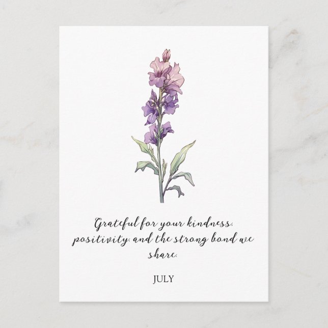 AKVARELL JULI RIDDARSPORRE FÖDELSEBLOMMA  VYKORT (Framsida)
