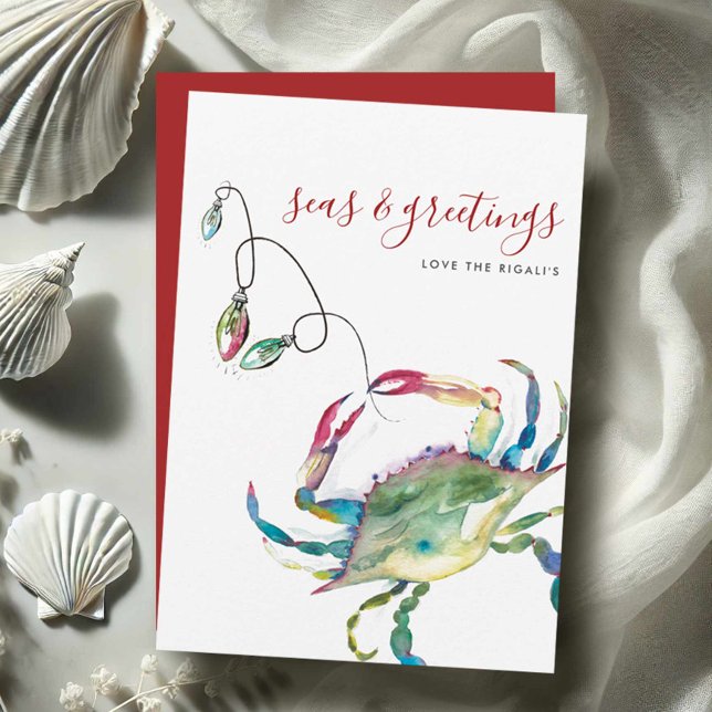 Akvarell Julkort med Blå Krabba på Strand (Beach holiday cards watercolor blue crab art by Victoria Grigaliunas Do Tell A Belle)