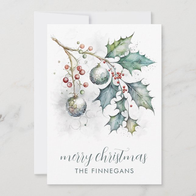 Akvarell Jullycka Och Julgransprydnader  Julkort (Framsida)