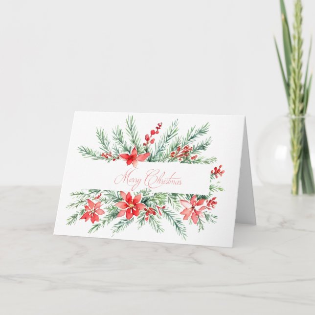 Akvarell julstjärna och grönska helgkort (Framsida)