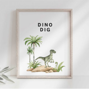 Akvarell Jurassic Dinosaurie Dino-utgrävningsskylt Poster