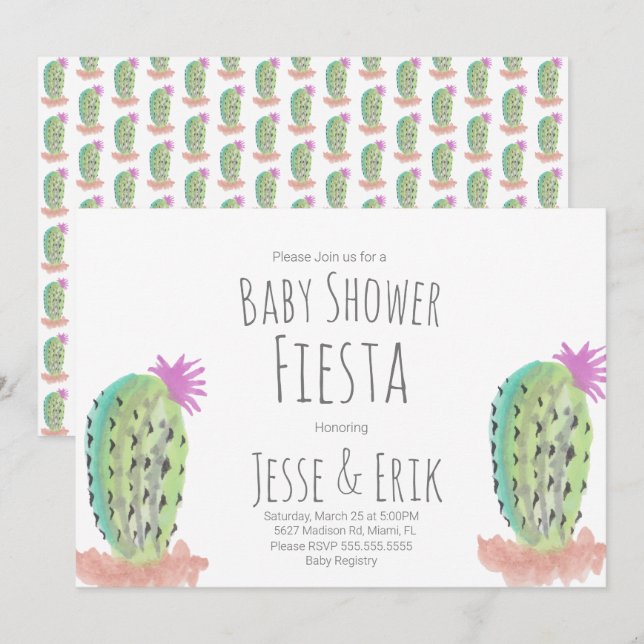 Akvarell Kactus Växter Handmålade Baby Shower Inbjudningar (Fram/baksida)