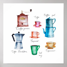 Akvarell Kaffeapparat, Kvarn, Kopp, Mugg, Moka Kan Poster