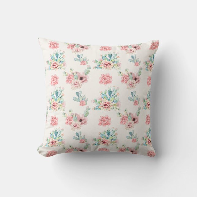 Akvarell Kaktus Blommar Kudde 16×16 (Framsida)