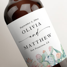 Akvarell Kaktus Bröllop | Boho & Sydvästlig Vinflaska Etikett