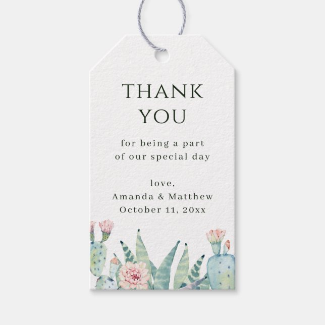 Akvarell Kaktus Bröllop Tack. Ökenblommor Presentetikett (Framsidan)