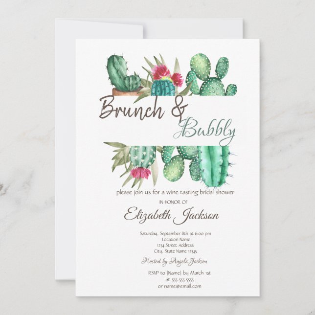 Akvarell Kaktus Brunch & Bubbly Inbjudningar (Framsida)