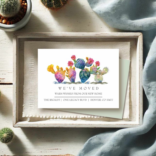 Akvarell Kaktus Flytt till Nytt Hem Annonsering Tilläggskort (Moving announcement cards watercolor cactus by Victoria Grigaliunas)