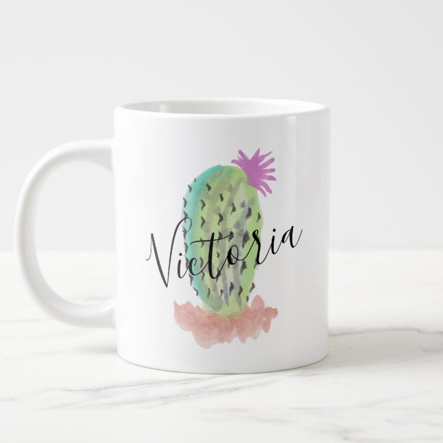 Akvarell Kaktus Handmålad Namn  Jumbo Mugg (Vänster)