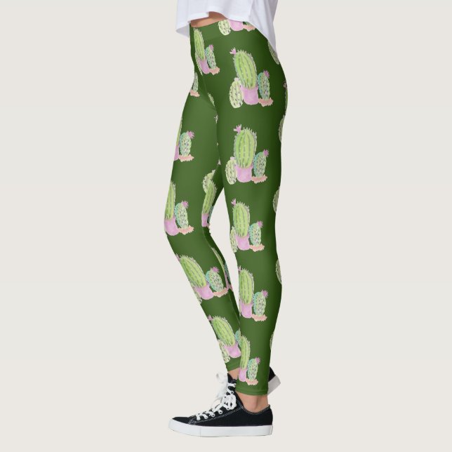 Akvarell Kaktus Kruka Växt Mönster Leggings (Vänster)