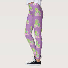 Akvarell Kaktus Kruka Växt Mönster Lila Leggings