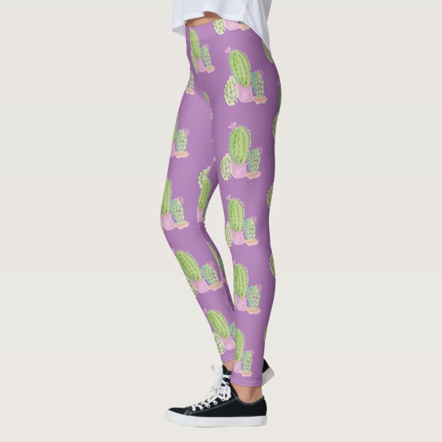 Akvarell Kaktus Kruka Växt Mönster Lila Leggings (Vänster)