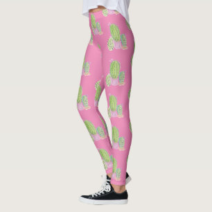 Akvarell Kaktus Kruka Växt Mönster Rosa Leggings