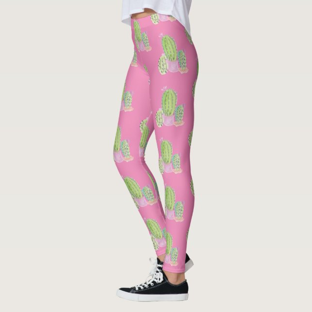 Akvarell Kaktus Kruka Växt Mönster Rosa Leggings (Vänster)