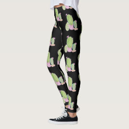 Akvarell Kaktus Krukväxt Mönster Svart Leggings